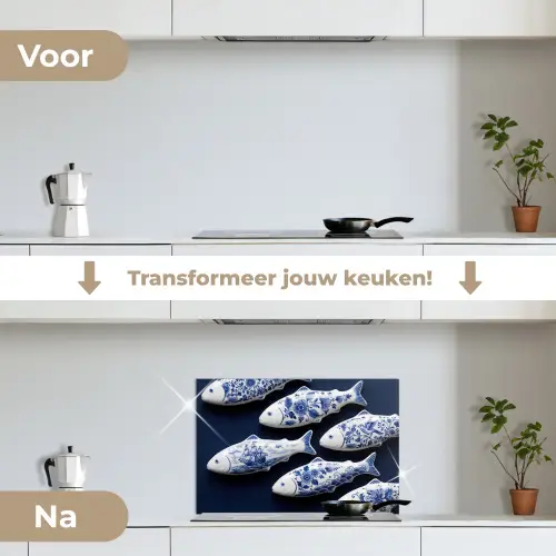 Vissen - Delfts - Blauw - Keramiek keuken achterwand spatscherm klein -voor_na_NL