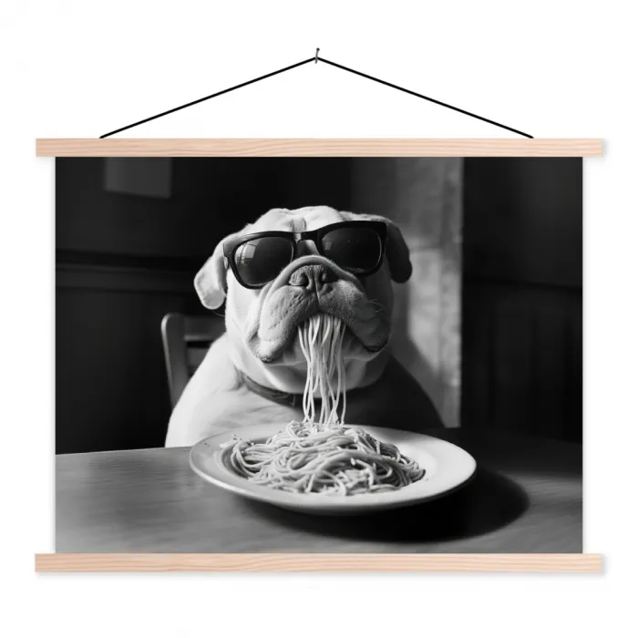 Hond - Bulldog - Pasta - Bril - Stoer - Dieren textielposter latten blank klein -3d