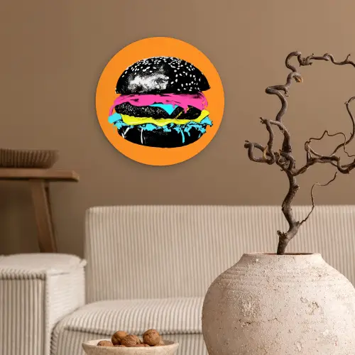 Hamburger - Oranje - Neon - popart Wandcirkel kunststof plaat 5mm dik klein -sfeer1