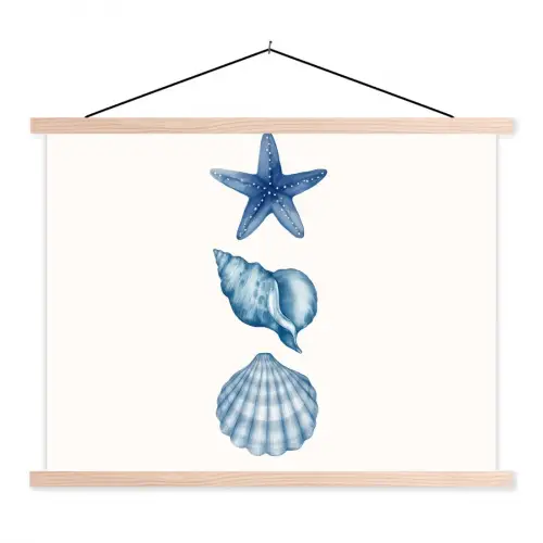 Zeester - Schelpen - Blauw textielposter latten blank klein -3d