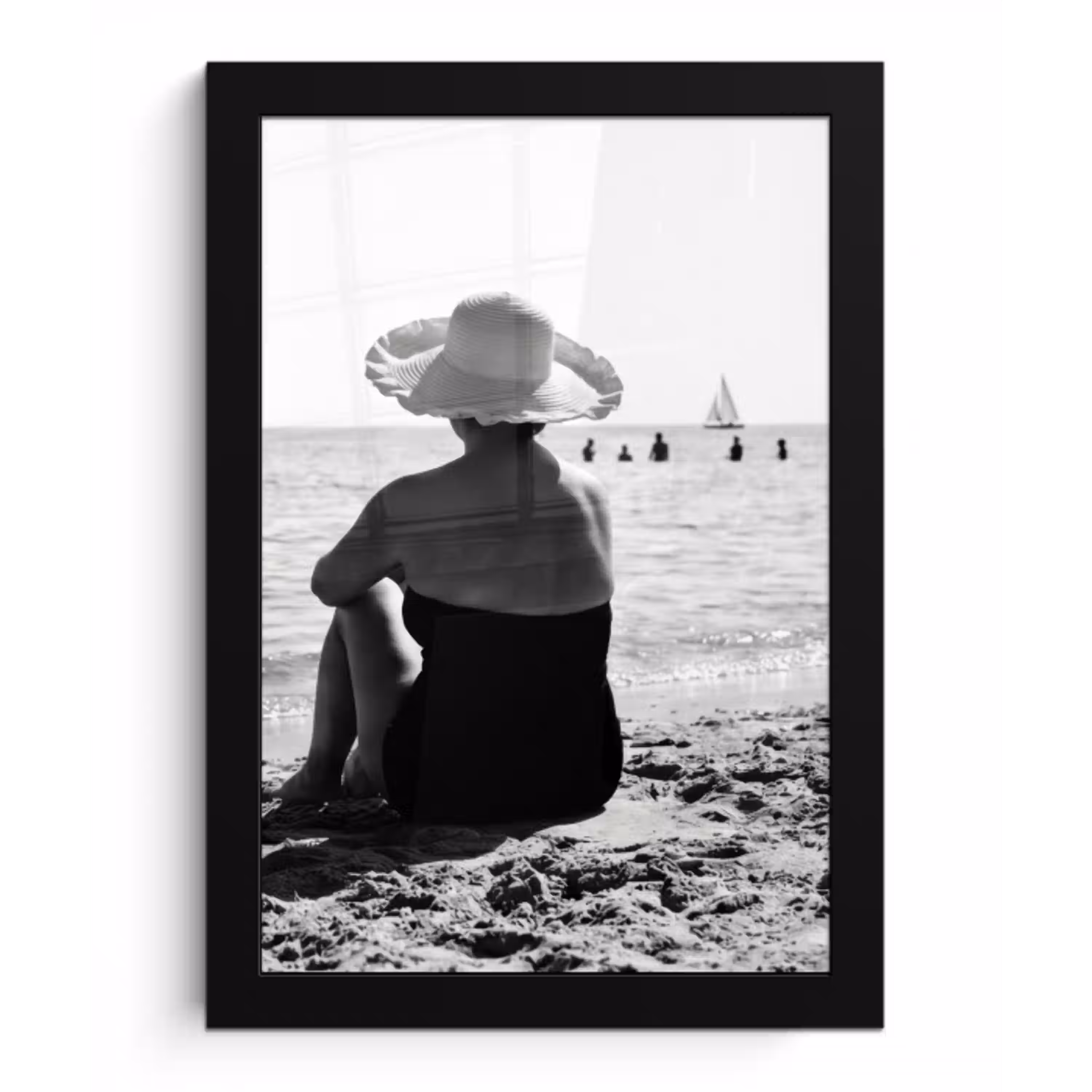 Vrouwen - Zonnehoed - Strand - Zwart - Wit fotolijst zwart zonder passe partout klein -3d