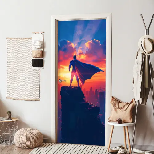Superheld - Stad - Jongens - Kleurrijk - Zon deurposter klein -sfeer6