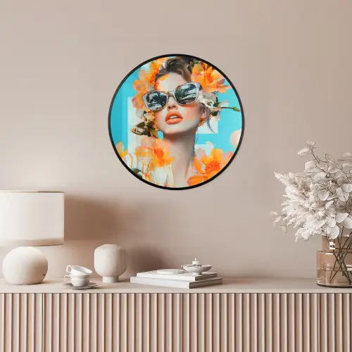 Bloemen - Vrouw - Zonnebril - Blauw Fotolijst rond zonder passe partout klein -sfeer3