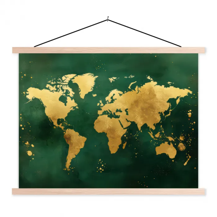 Wereldkaart - Groen - Goud textielposter latten blank klein -3d