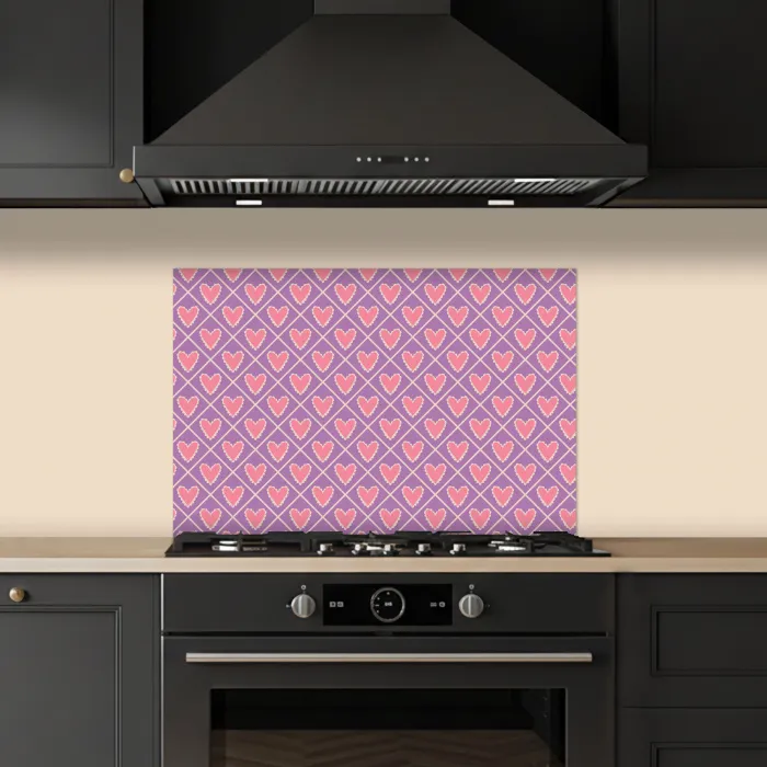 Ruit - Patroon - Paars - Hartjes keuken achterwand spatscherm klein 900 -sfeer1