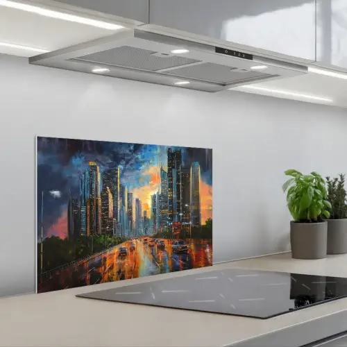 Auto - Skyline - Zon - Blauw keuken achterwand spatscherm klein -3d_schuin