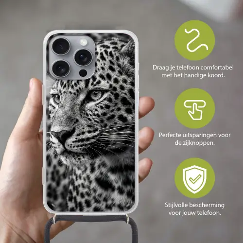 Luipaard - Zwart - Wit - Oog Hoesje iPhone 16 Pro Max met koord klein -sfeer2_NL