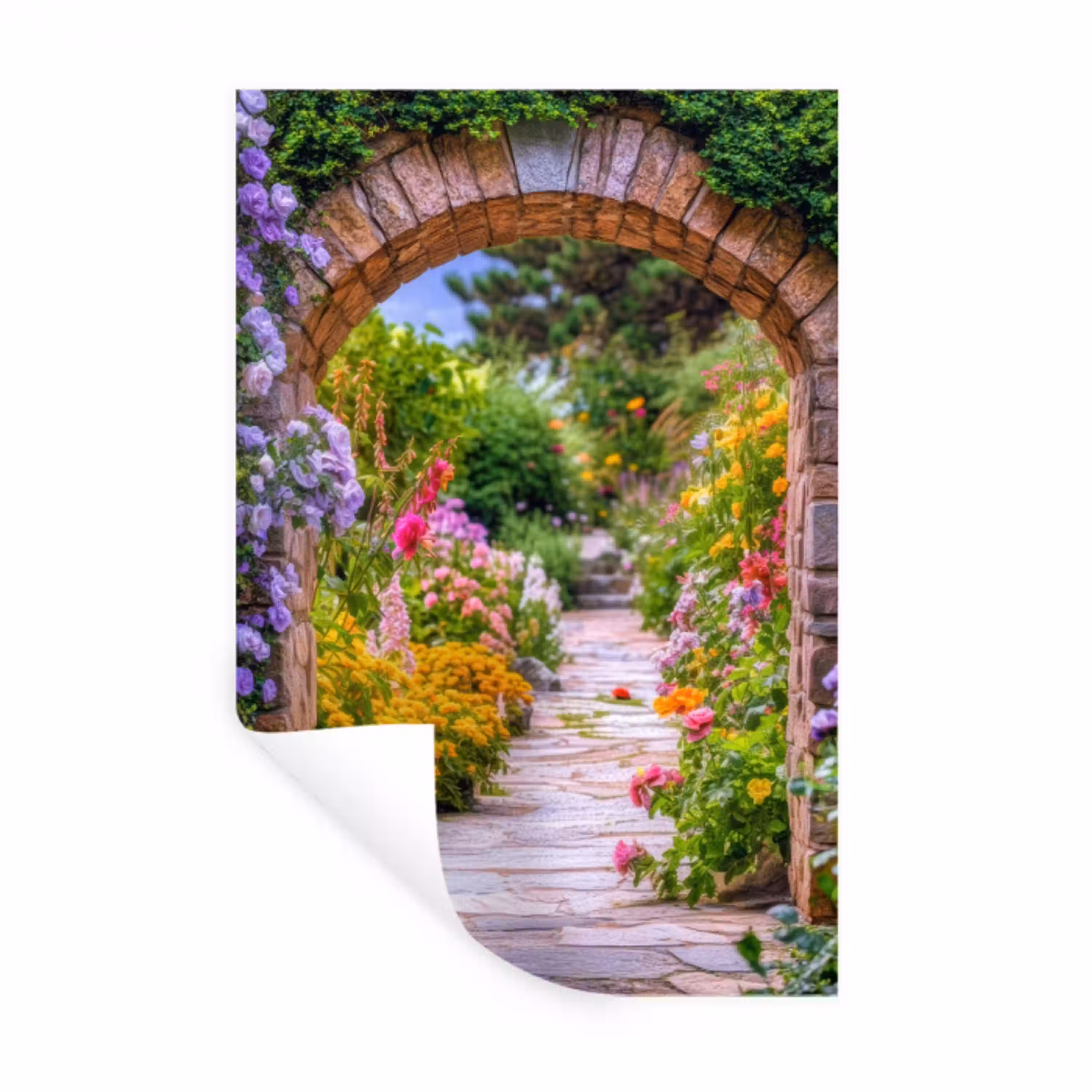 Doorkijk - Bloemen - Pad - Natuur Muursticker klein -3d