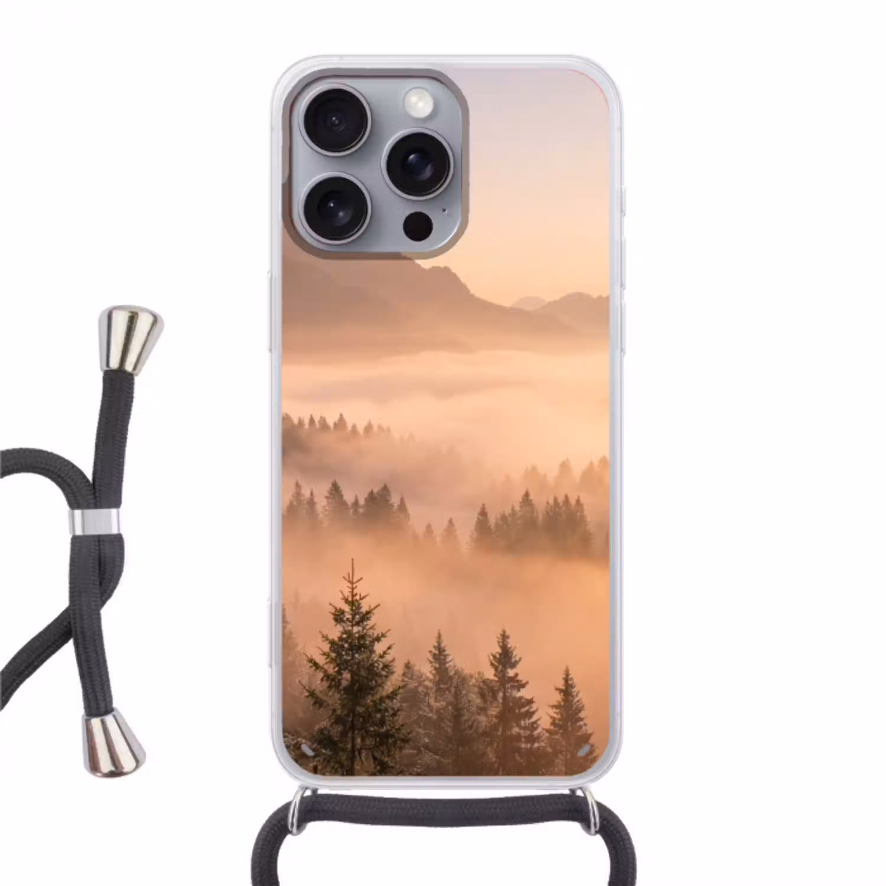 Zonlicht - Mist - Bergen - Bomen Hoesje iPhone 16 Pro Max met koord klein -3d
