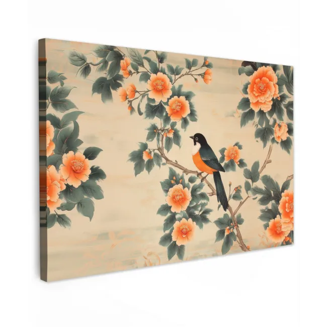 Vogel - Tak - Bloemen - Oranje Tuinposter op houten frame 2 cm dik klein -3d