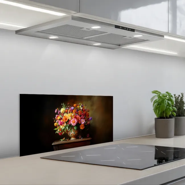 Kleuren - Boeket - Vaas - Hout keuken achterwand spatscherm klein -3d_schuin