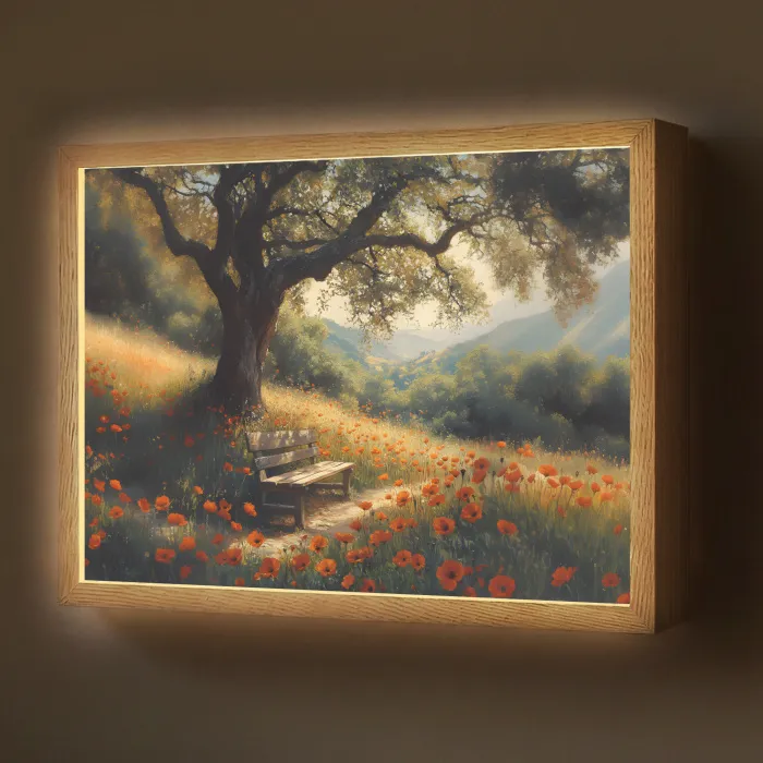 Bankje - Boom - Klaprozen - Heuvels Light Box met batterij (Wandlamp) middel -z3d_website