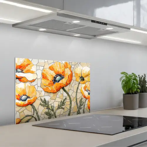 Klaprozen - Oranje - Mozaïek - Bladeren keuken achterwand spatscherm klein -3d_schuin