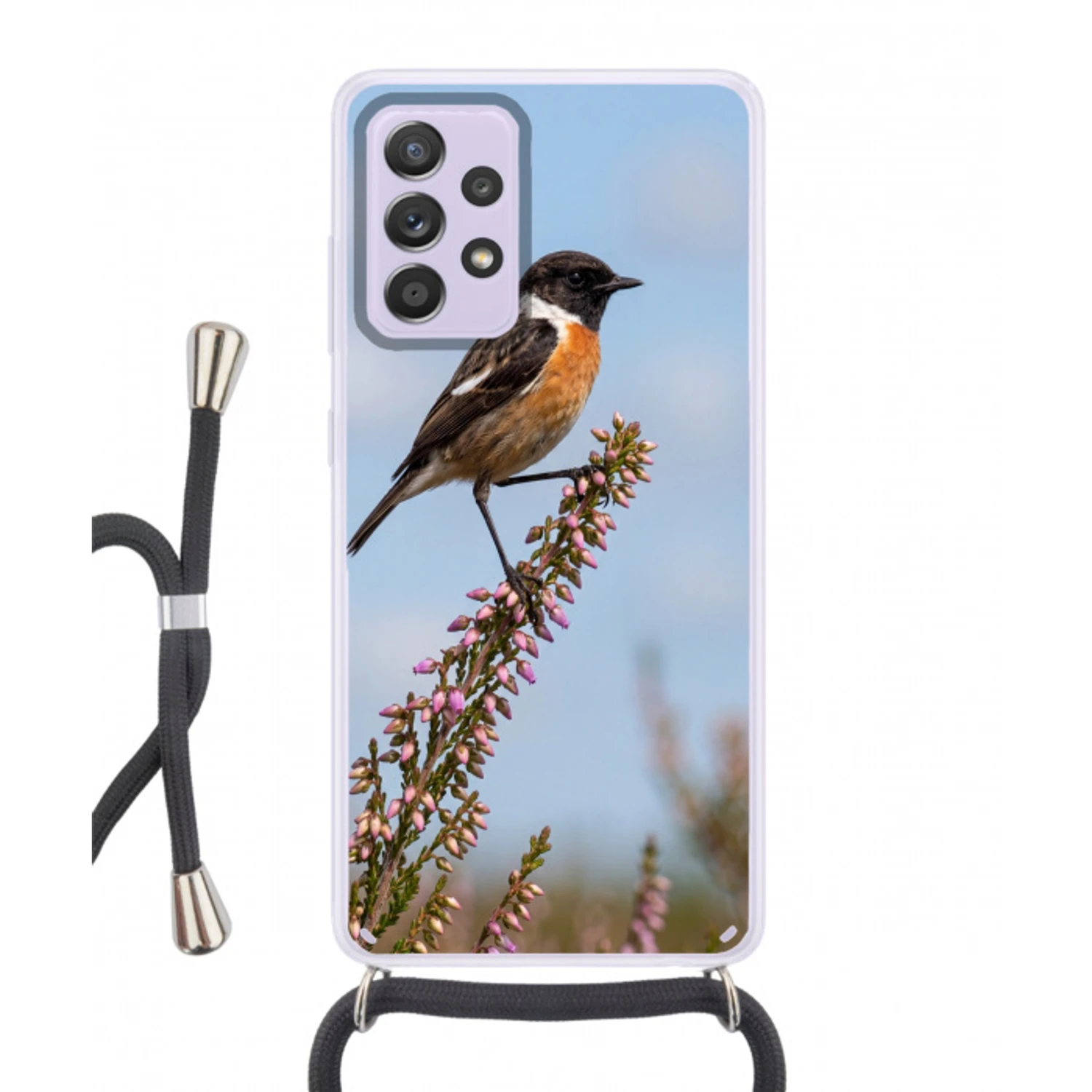 Roodborsttapuit - Heide - Paars - Natuur - Sfeervol Hoesje Samsung Galaxy A52 5G met koord klein -3d