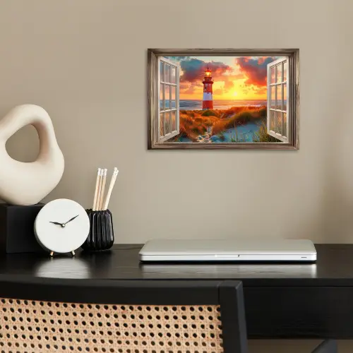 Doorkijk - Raam - Vuurtoren - Zonsondergang - Strand poster papier klein -sfeer1