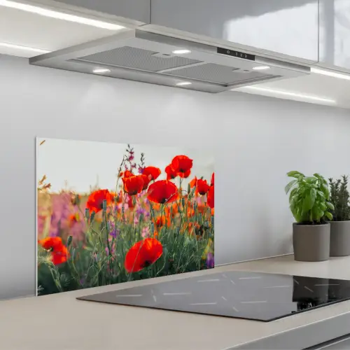 Klaproos - Bloemen - Rood - Paars - Weide keuken achterwand spatscherm klein -3d_schuin