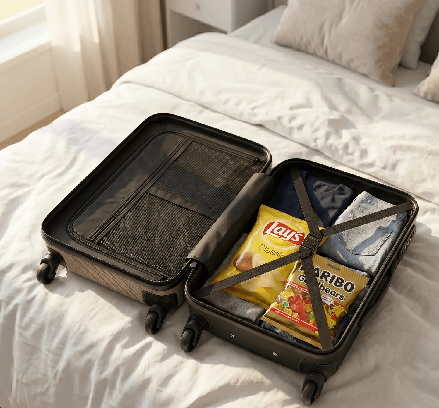 food in brown suitcase