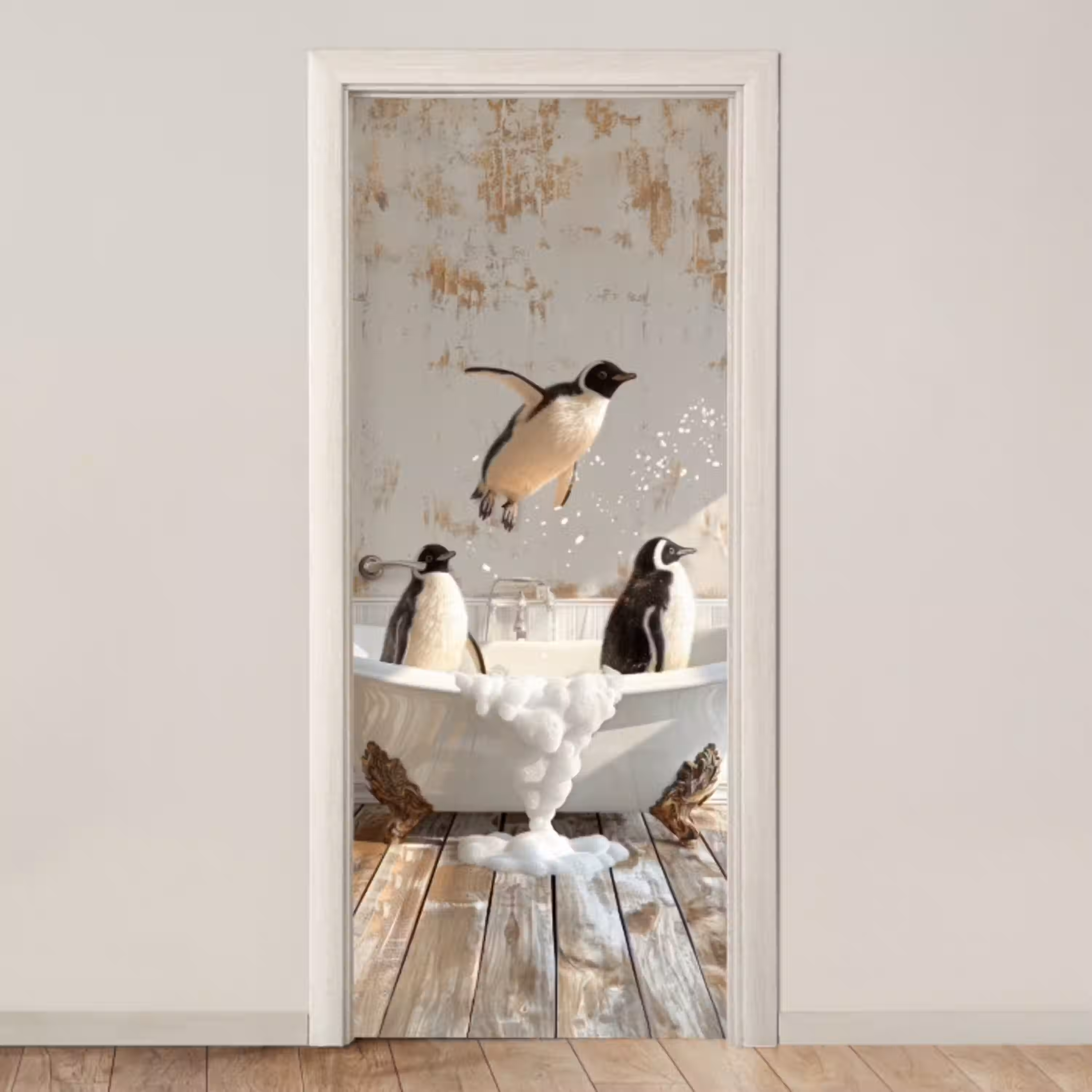 Vintage - Pinguïn - Badkuip - Schuim deurposter klein -3d_beige