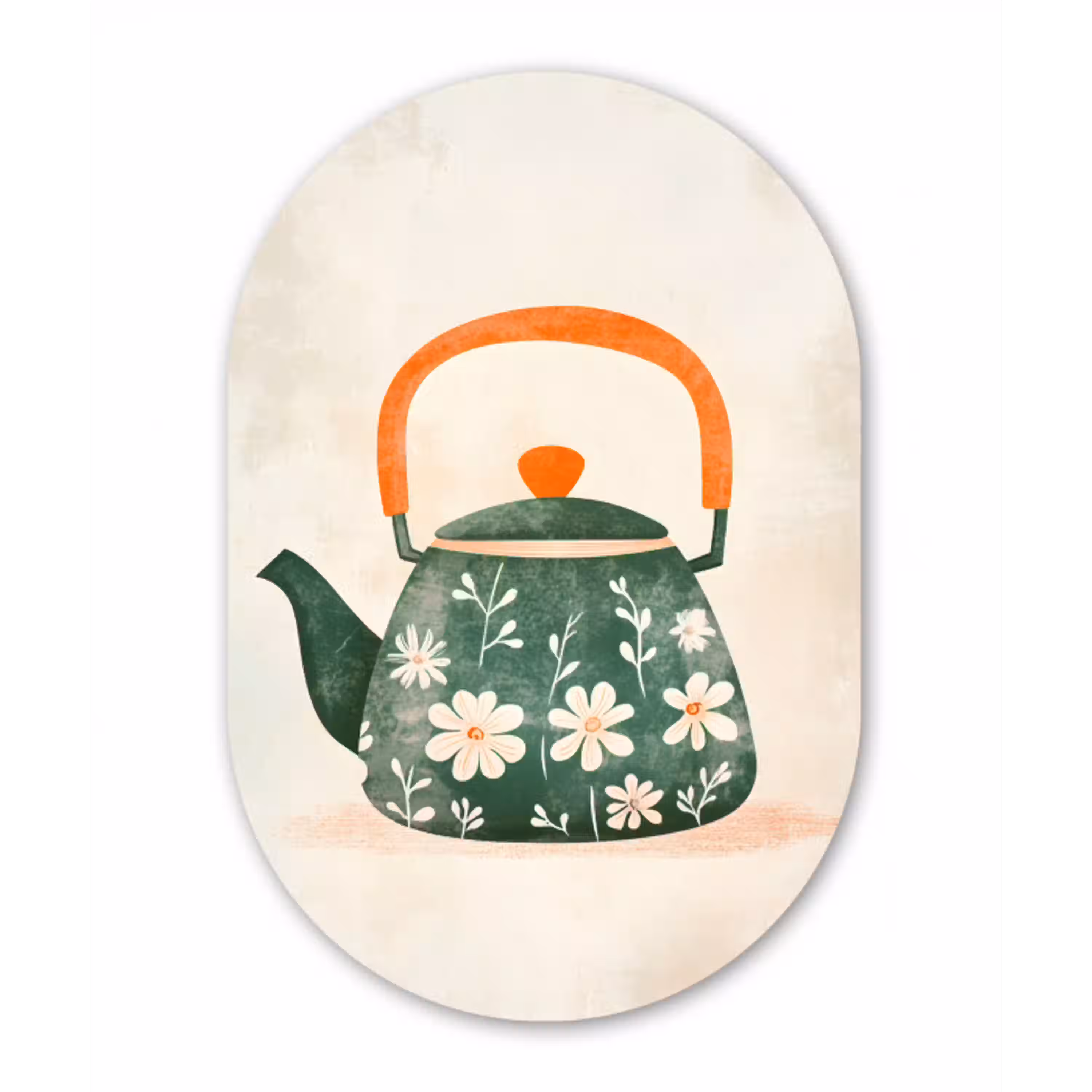 Theepot - Groen - Bloemen - Oranje Wandcirkel Ovaal Glas middel -3d
