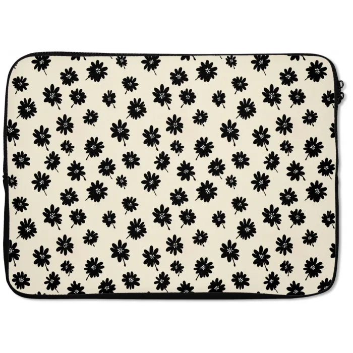 Madeliefjes - Grafisch - Zwart - Beige laptophoes neopreen klein 279 -zkaufland3dotto