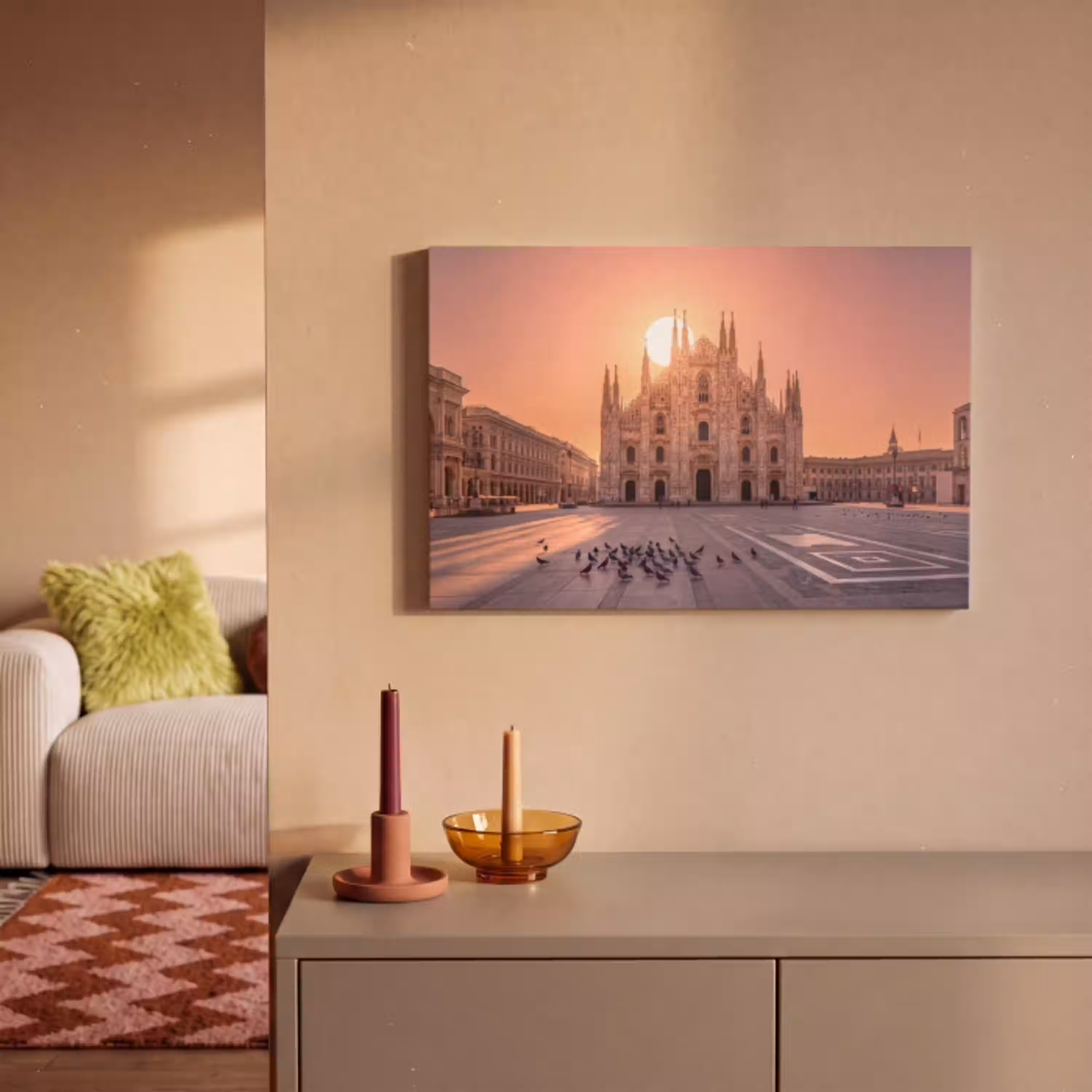 Architectuur - Milaan - Plein - Zonsopgang - Oranje canvas 2cm klein -sfeer1