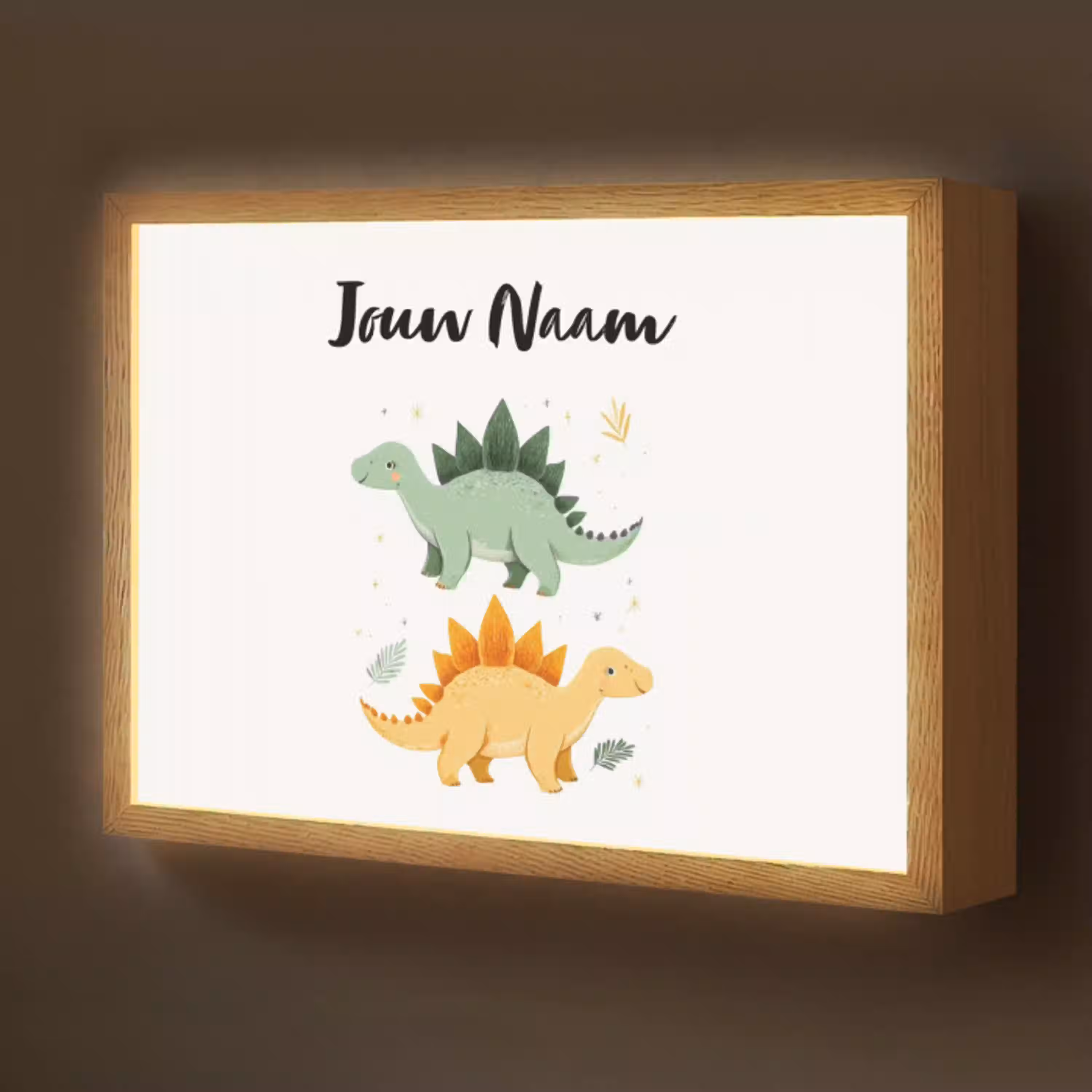 Stegosaurus - Sterren - Bladeren - Minimalistisch Light Box met batterij (Wandlamp kind) middel -z3d_website