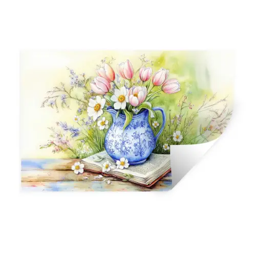 Vaas - Delftsblauw - Madeliefjes Muursticker klein -3d