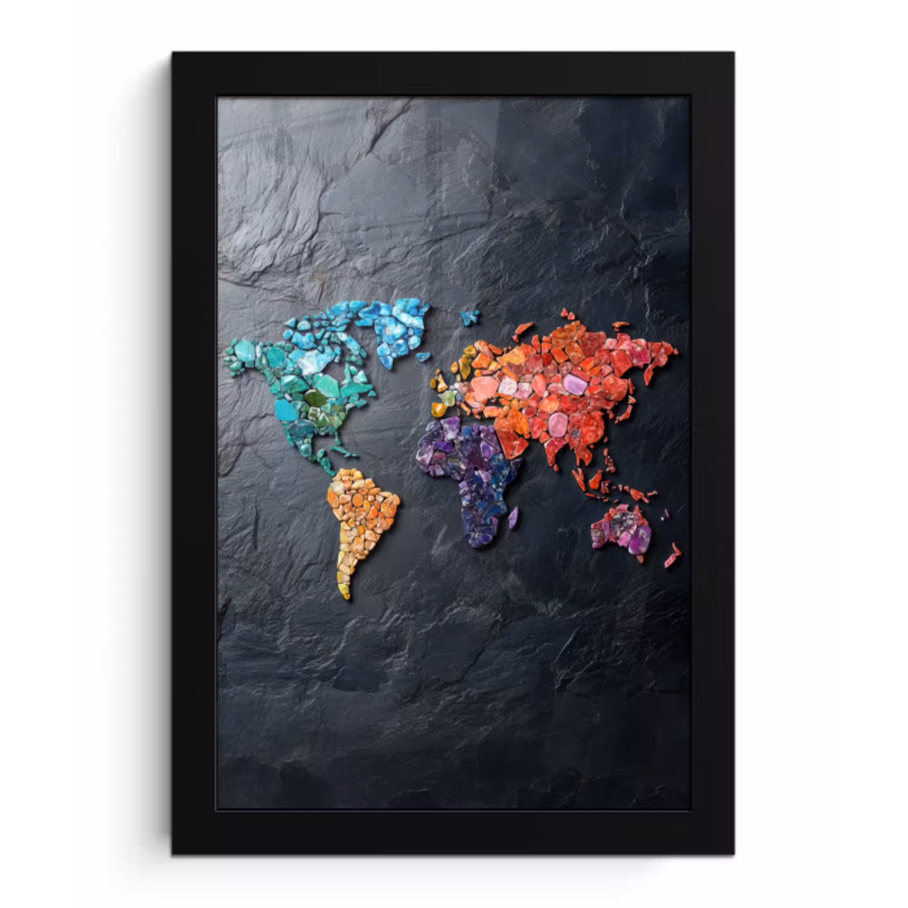 Wereldkaart - Edelstenen - Regenboog - Ruw fotolijst zwart zonder passe partout klein -3d