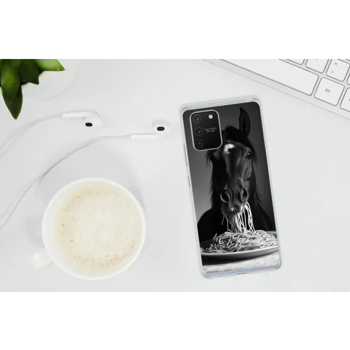 Paard - Bord - Pasta - Tafelkleed - Zwart Wit - Dieren Telefoonhoesje Samsung Galaxy S10 Lite klein -oordopS10Lite
