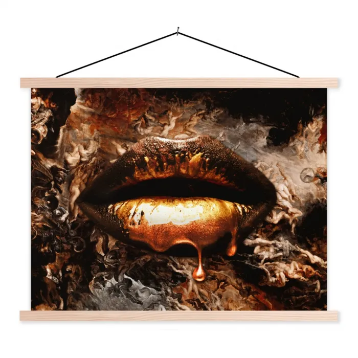 Goud - Lippen - Kunst textielposter latten blank klein -3d