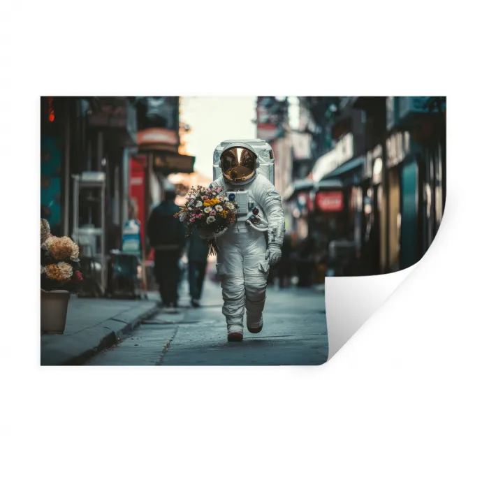 Boeket - Bloemen - Kleurrijk - Astronaut Muursticker klein -3d