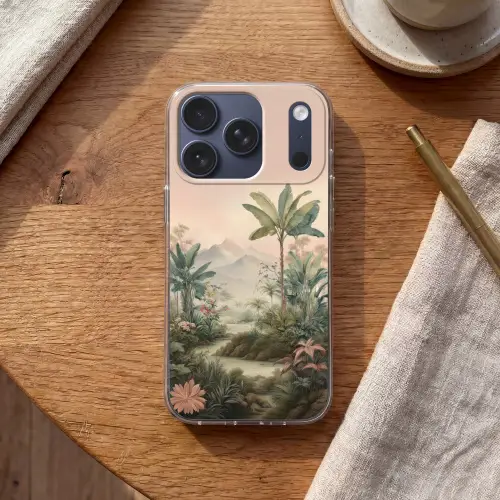 Tropisch landschap - palmbomen - Bloemen - Roze lucht Telefoonhoesje iPhone 17 Pro klein -sfeer1