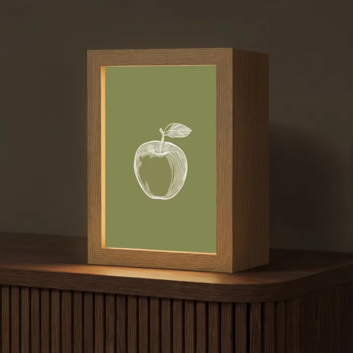 Lijntekening - Appel - Olijfgroen - Blaadje Light Box met kabel (Tafellamp) klein -z3d_website