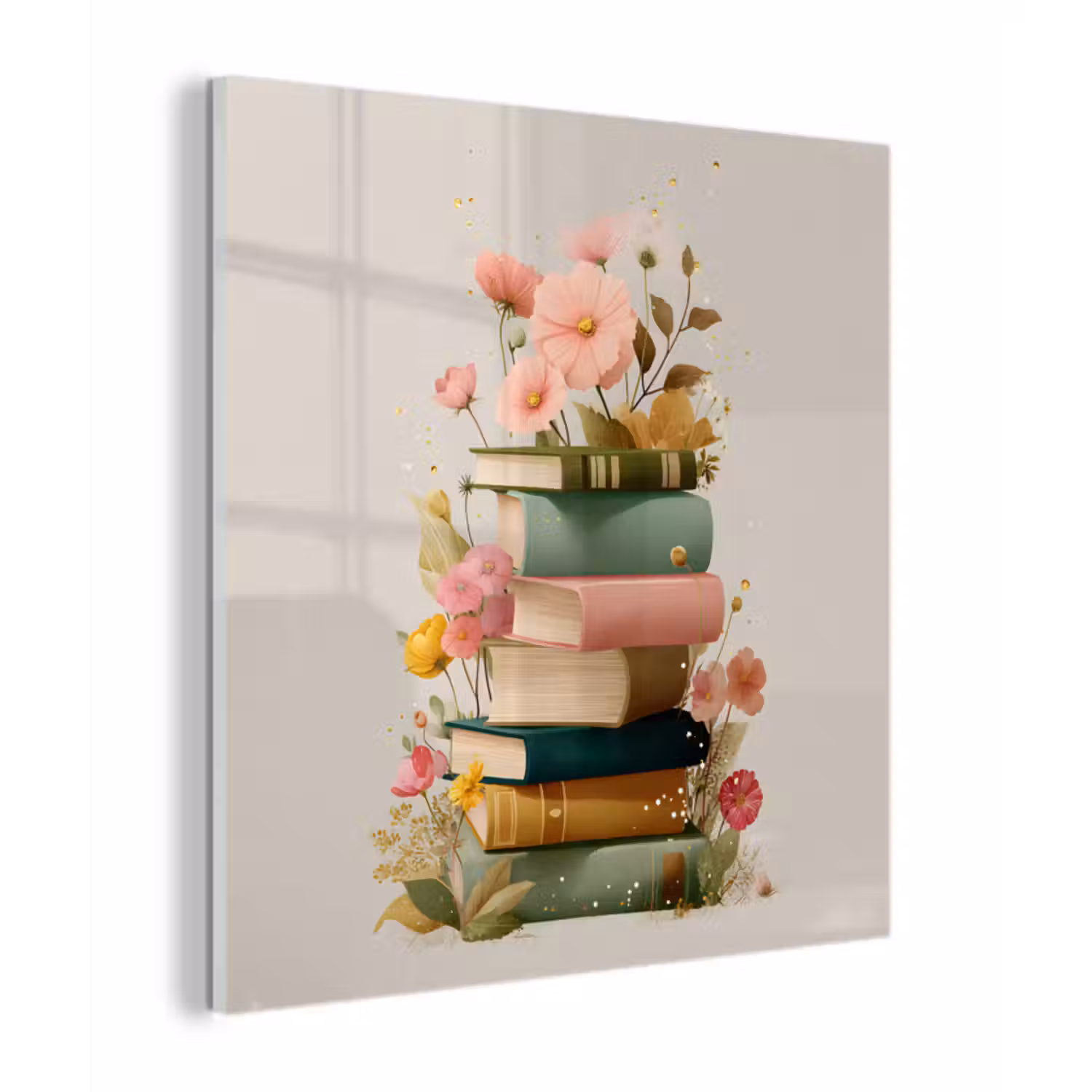 Glas schilderij - Boeken - Stapel - Bloemen - Kleurrijk