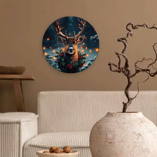 Hert - Kerst - Winter - Sneeuw - Kerstkrans Wandcirkel kunststof plaat 5mm dik klein -sfeer1