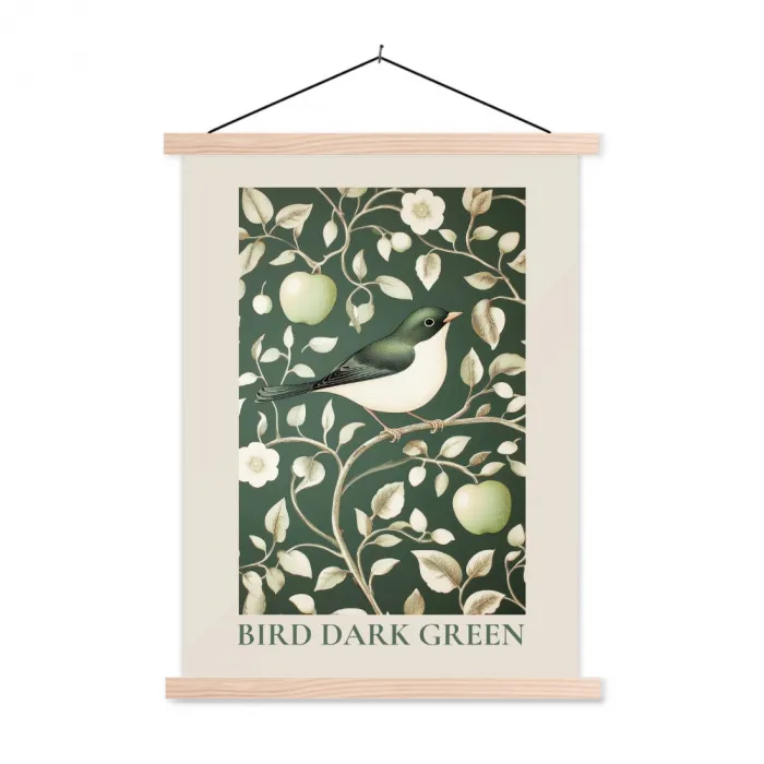 Groen - Vogel  - Bloemen textielposter latten blank klein -3d