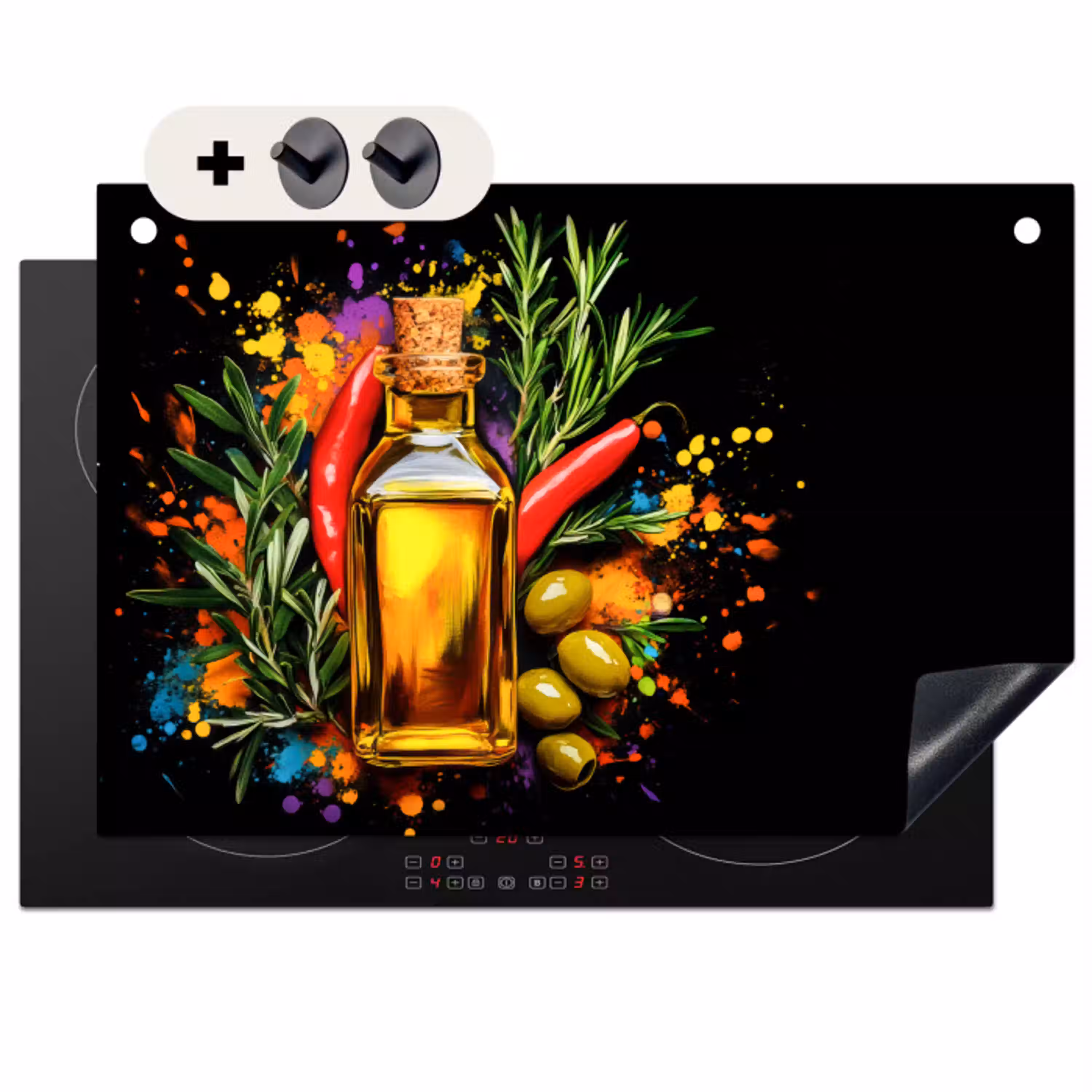 Olijfolie - Graffiti - Peper - Olijven - Modern Inductie beschemer met haakjes klein -3d