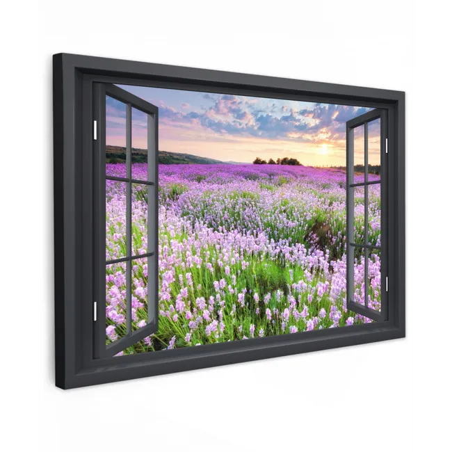 Buiten canvas - Uitzicht op Lavendelveld bij Zonsondergang