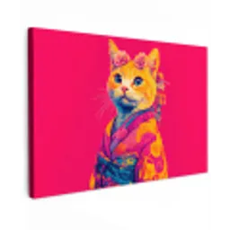 Kat - Kimono - Bloemen - Roze Tuinposter op houten frame 2 cm dik klein -3d