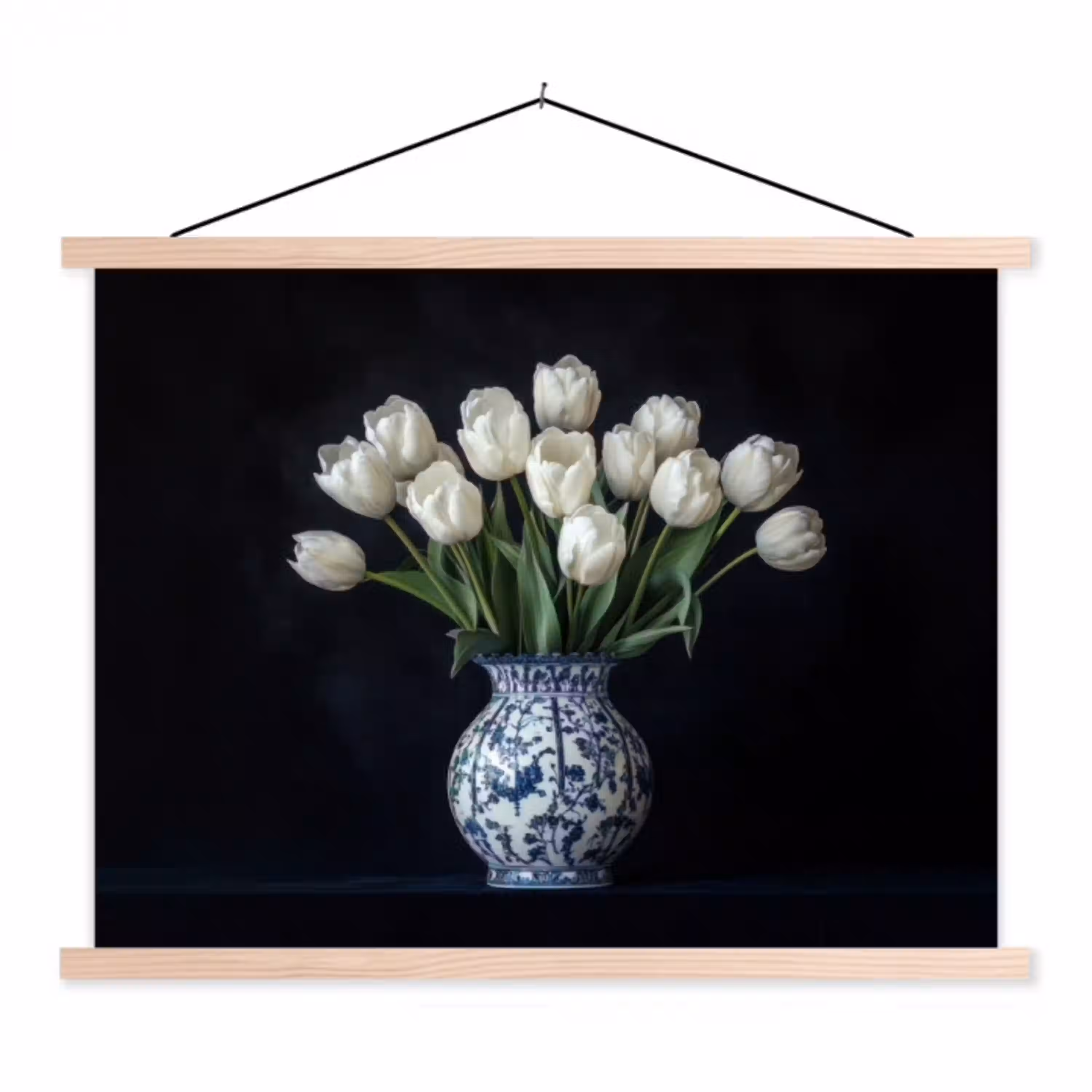 Wit - Bloemen - Tulpen - Vaas textielposter latten blank klein -3d