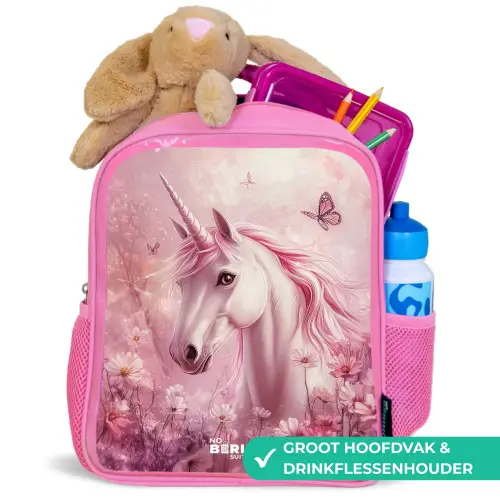 Eenhoorn - Roze - Vlinders - Bloemen Kinderrugzak - Roze middel -inhoud_NL