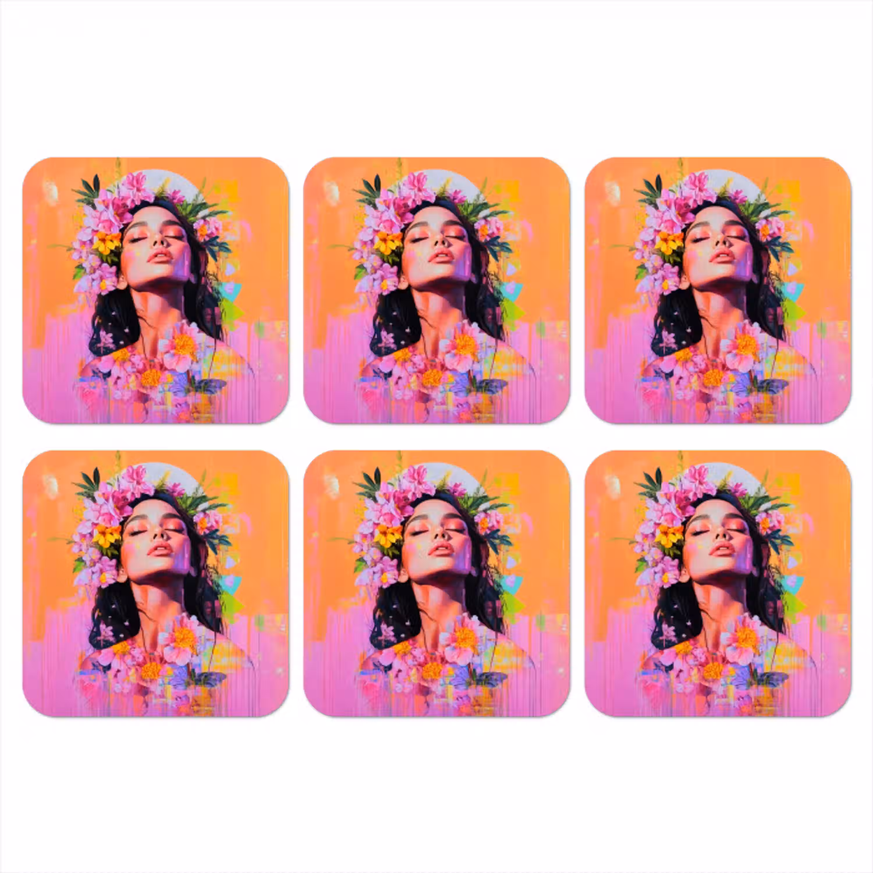 Portret - Bloemenkroon - Vrouw onderzetter kurk middel -3d