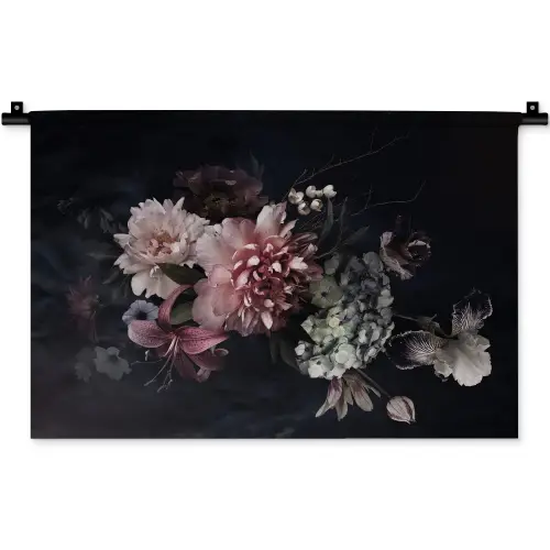 Bloemen - Vintage - Pastel - Zwart - Boeket Wandkleed katoen klein -zz3d