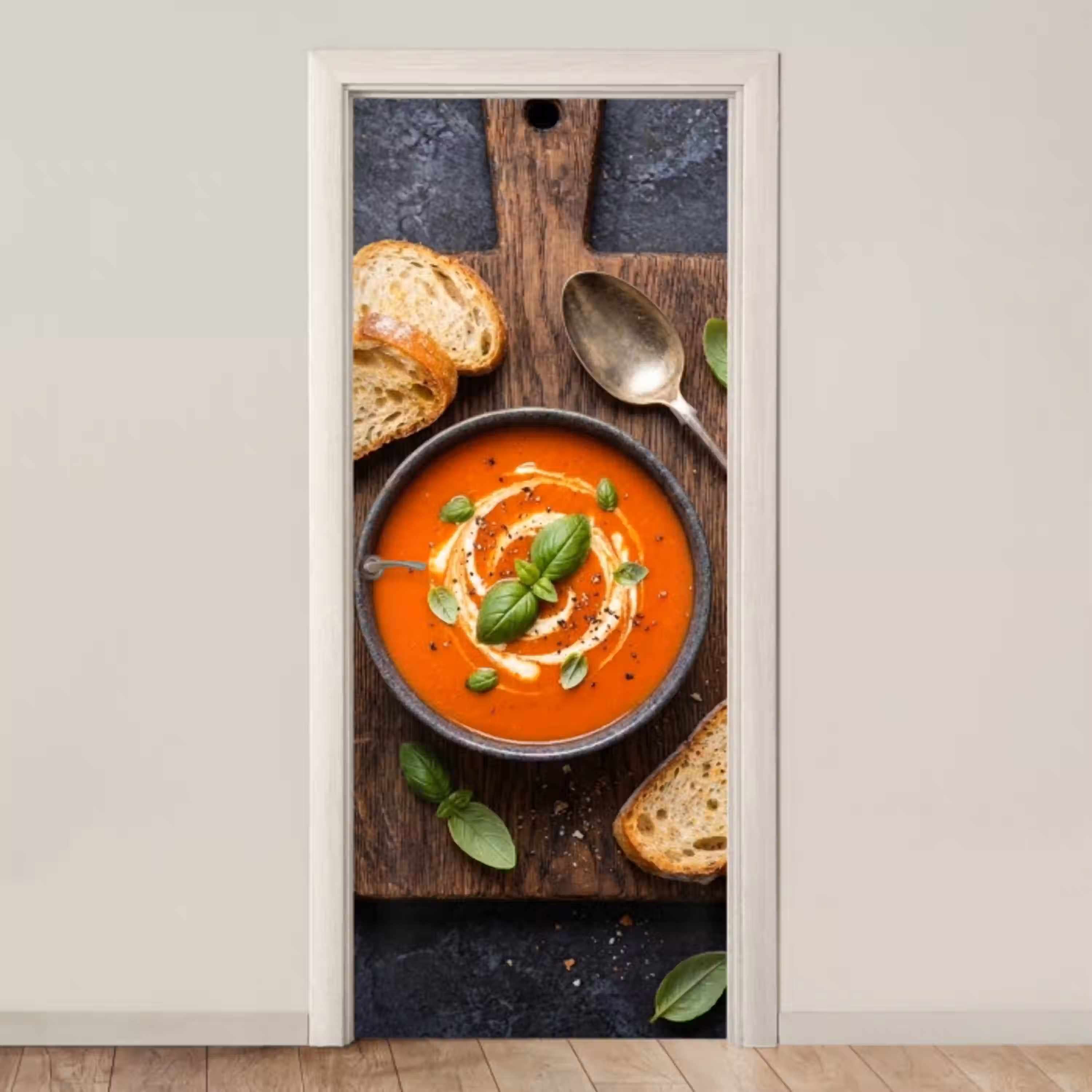 Eten - Soep - Basilicum - Rustiek - Rood deurposter klein -3d_beige