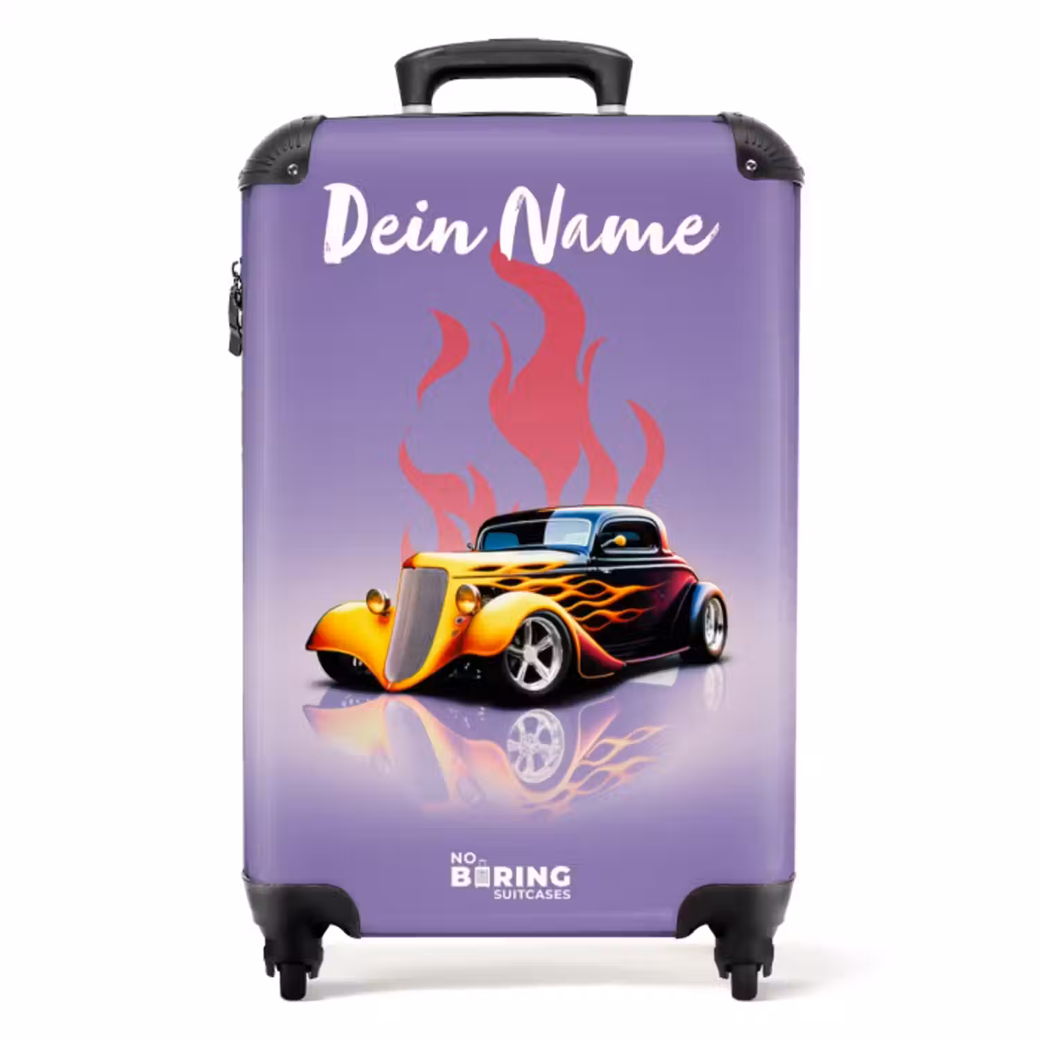 Koffer mit Name - Gelbes Auto mit rosa Flammen