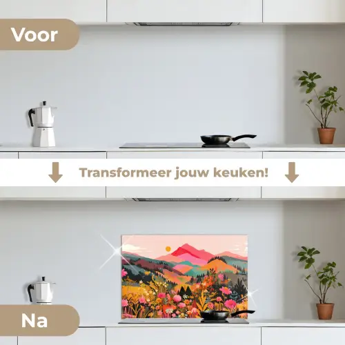 Zonsondergang - Bergvallei - Contrast keuken achterwand spatscherm klein -voor_na_NL