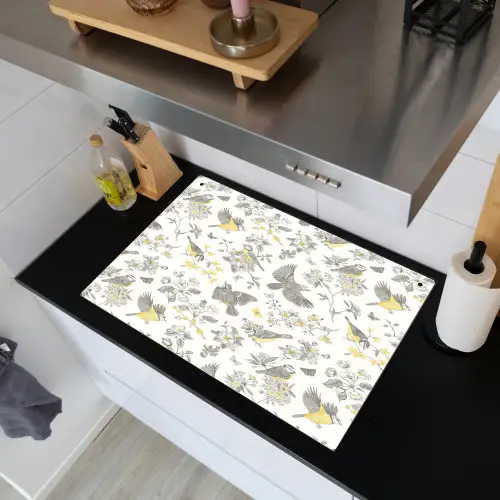 Birds - Flowers - Gray - Yellow Inductie beschemer met haakjes klein 777 -sfeer1