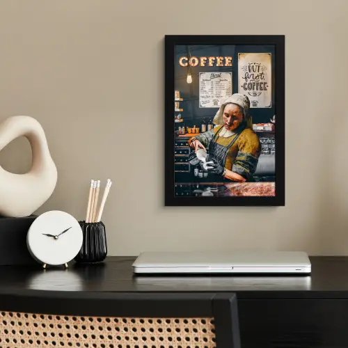 Melkmeisje - Barista - Koffie - Vintage - Kunst - Abstract - Schilderij - Oude meesters fotolijst zwart zonder passe partout klein -sfeer1
