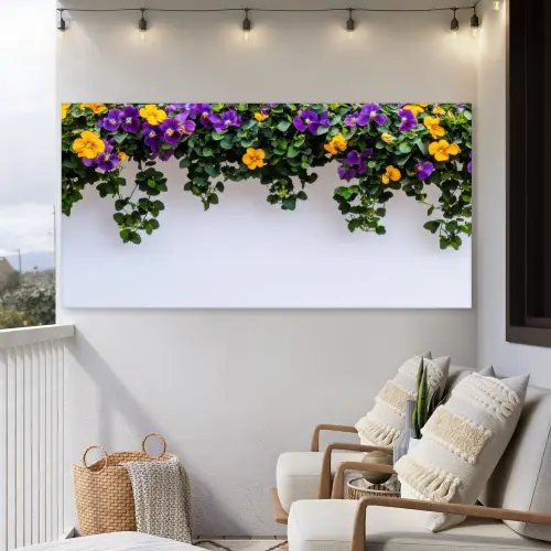 Bloemen - Muur - Geel - Paars Tuinposter op houten frame 2 cm dik xxl -sfeer1