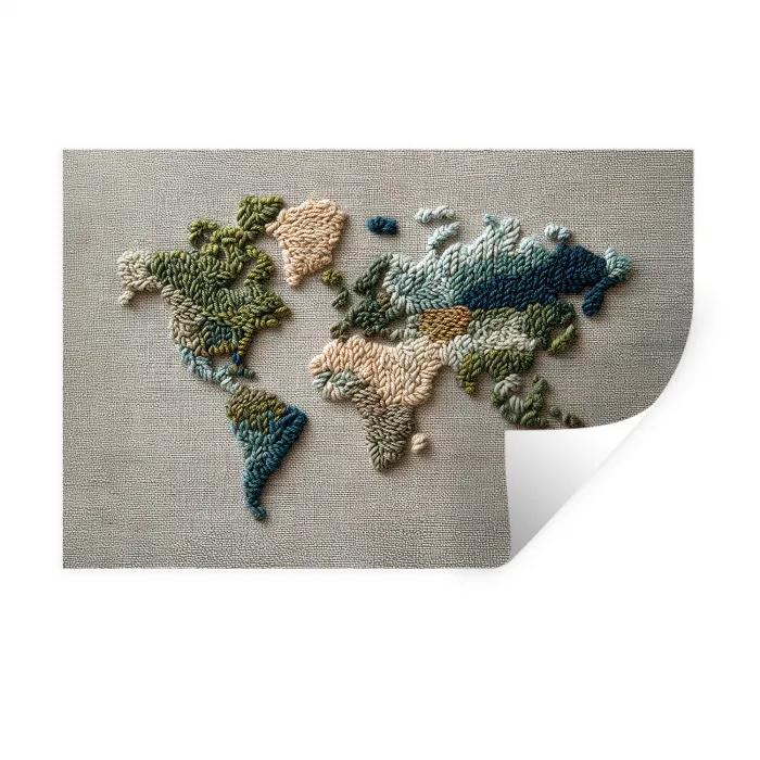 Wereldkaart - Geborduurd - Aardetinten Muursticker klein -3d